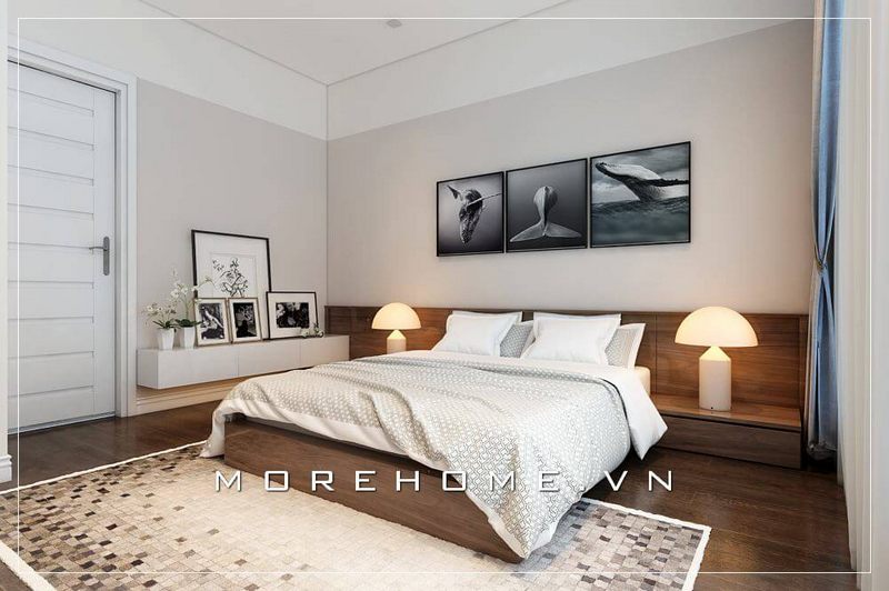 Giường ngủ gỗ công nghiệp kiểu dáng thấp tạo sự thoáng đãng hơn cho phòng ngủ chung cư nhỏ